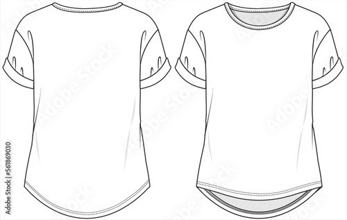 TURN UP SHORT SLEEVES HIGH LOW HEMLINE DETAIL T SHIRT FOR  WOMEN AND TEEN GIRLS IN EDITABLE VECTOR FILE