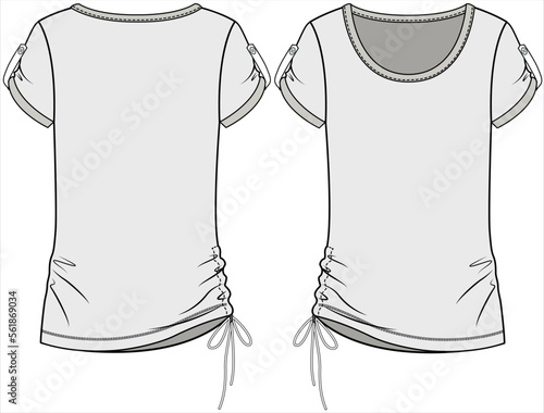 SHORT SLEEVES U NECKLINE DETAIL WITH ADJUSTABLE DRAWSTRING TIE UP TOP FOR  WOMEN AND TEEN GIRLS IN EDITABLE VECTOR FILE
