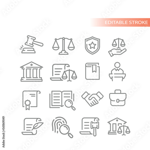 Law, legal and justice vector line icon set. Courthouse, court of law, scales outlined icons.