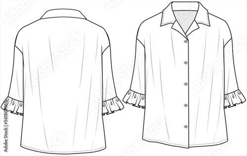 RESORT COLLAR FRONT BUTTONED TOP WITH ELBOW LENGTH FRILLED SLEEVES DETAIL TOP FOR WOMEN AND TEEN GIRLS IN EDITABLE VECTOR FILE