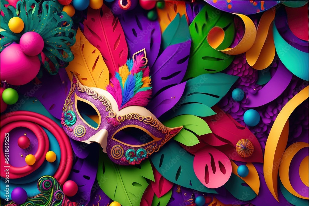 Carnival masks on a purple background. Multicolored illustration of Mardi Gras. 3D illustration. Generative AI - obrazy, fototapety, plakaty 