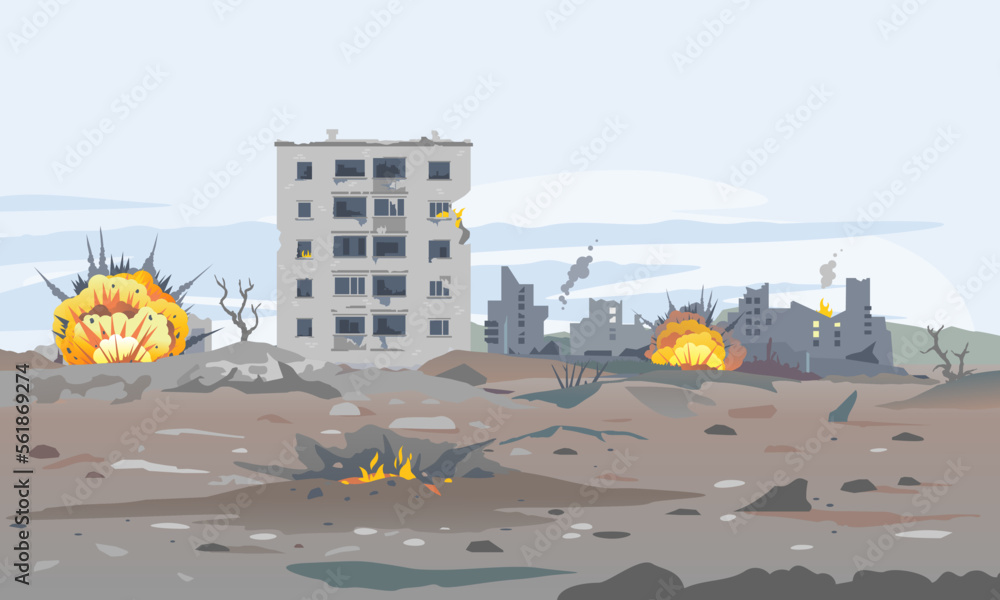 Destroyed city concept landscape background illustration, building between the ruins and concrete with bomb explosions, war destruction panorama