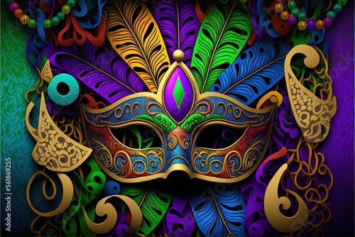 Carnival masks on a purple background. Multicolored illustration of Mardi Gras. 3D illustration. Generative AI