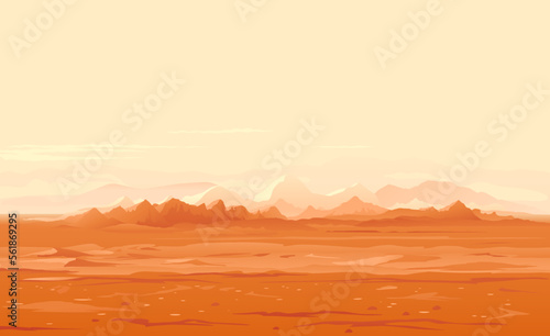 Martian orange surface panorama landscape background on a sunny day, sand hills with stones on a deserted planet, landscape of Mars planet