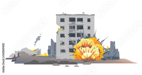 Big bomb explosion with shrapnel and fireball in city near the building, destroyed buildings ruins and concrete, war destruction concept illustration isolated on white background