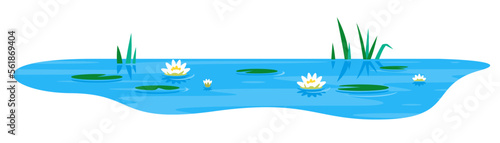 Small blue decorative pond with white water lily and bulrush plants, isolated on white, lake plants nature landscape fishing place