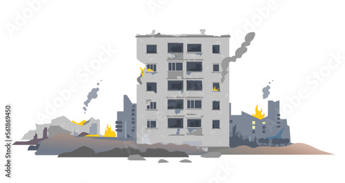 One five-story eastern European destroyed building between the ruins and concrete, war destruction concept illustration isolated on white background