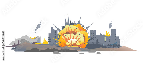 Big bomb explosion with shrapnel and fireball in city, destroyed buildings ruins and concrete, war destruction concept illustration isolated on white background