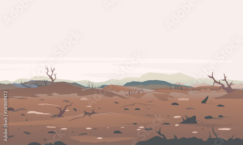 Concept illustration of environment destruction, dead trees after the forest fire, landscape as a background of environmental damage issues, brown ground with dry trees, environmental pollution