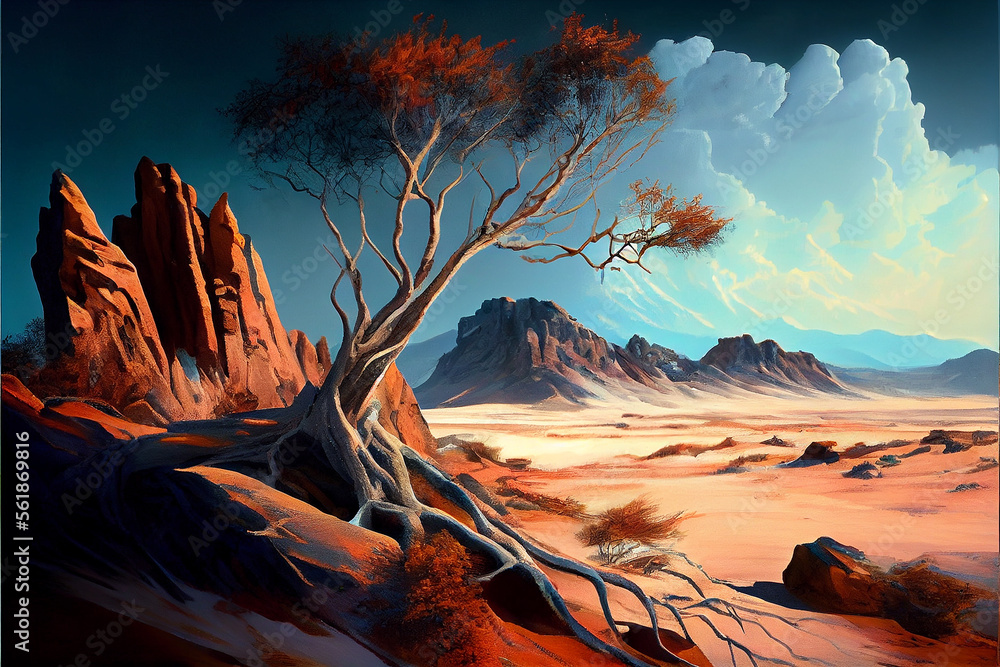 Sunrise in the desert, digital painting art. Generative Ai.	