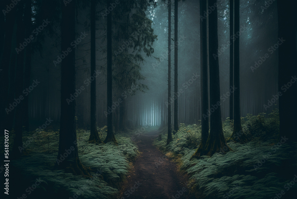 a dark gloomy foggy forest tall trees overgrown worn out path stretch endlessly background,generative ai.