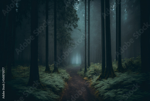 a dark gloomy foggy forest tall trees overgrown worn out path stretch endlessly background,generative ai.