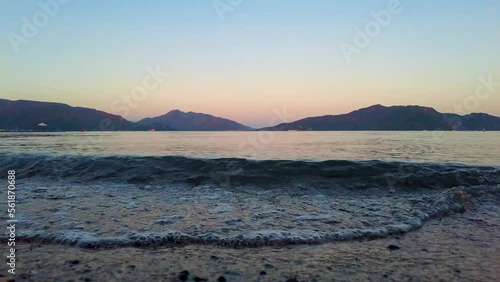 Beautiful seashore. Islands in the distance. Colorful blue sea. The beauty of Turkey. Beautiful rocks and mountains. Sunny clear day. Beautiful water.	
