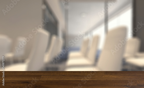 Front view of an office interior with a row of dark wood tables.. Background with empty table. Flooring.