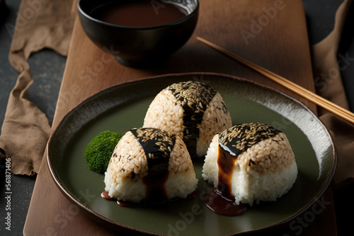 Grilled YAK ONIGIRI rice balls with miso. Generative AI photo