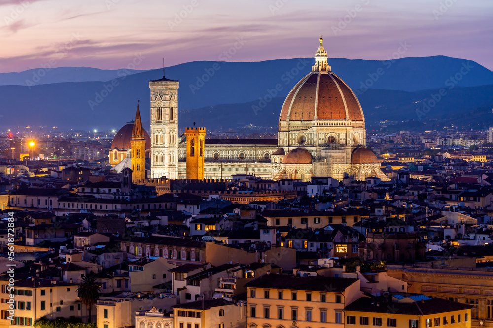 Florence Cathedral (Duomo) over city center at sunset, Italy