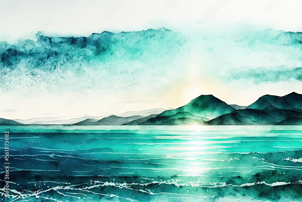 Watercolor sea landscape painting. Sunset, waves, rocks. Ai generated