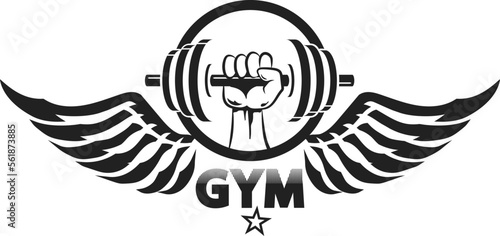 Dumbbell in hand silhouette and wings. Symbol for gym and sports