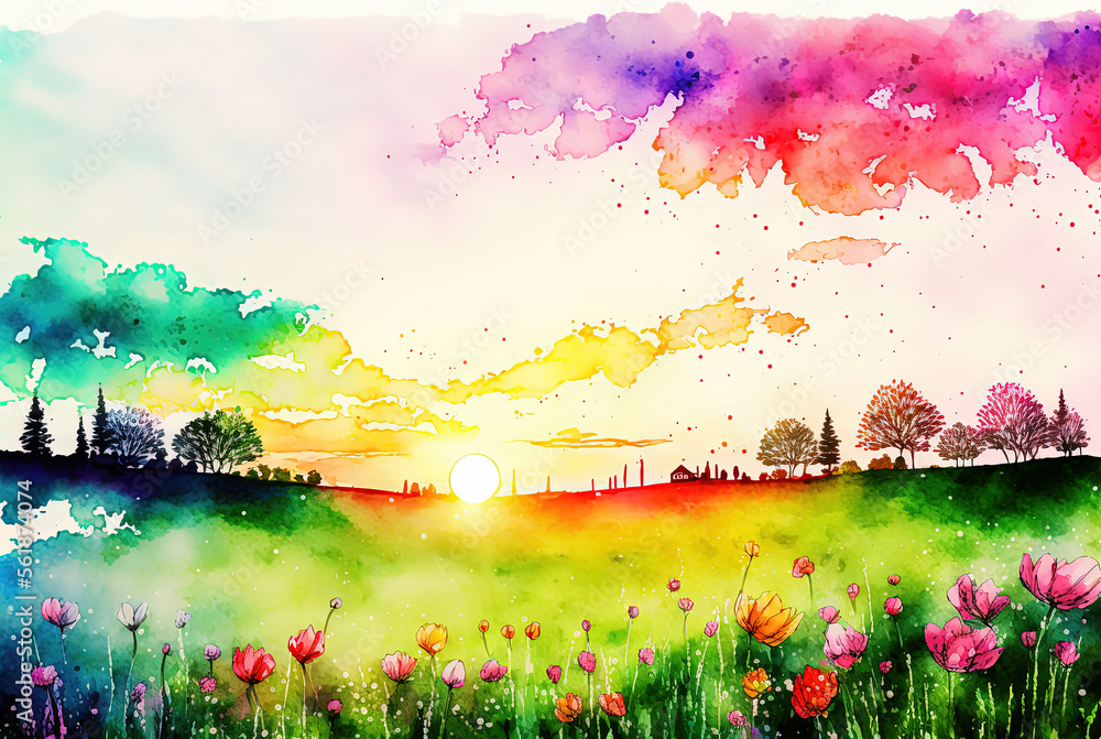 Watercolor sunset spring landscape painting. Trees, bloom, meadow. Ai generated