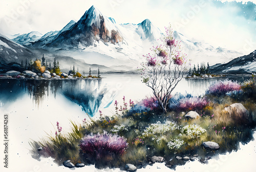 Watercolor spring mountains landscape painting. Ai generated