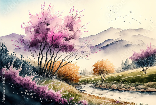Watercolor spring landscape painting. Trees  bloom  meadow and mountains. Ai generated