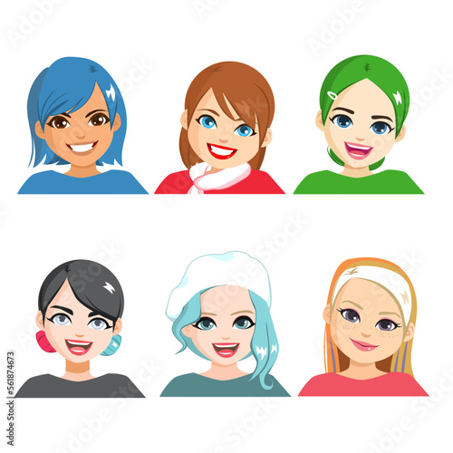 Vector illustration of six avatar woman representing Social media icons. Female people drawing logo version for famous apps