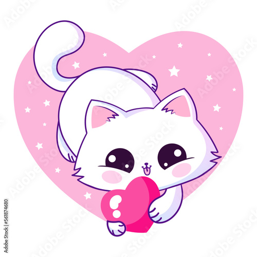 Cute kawaii cat holding a heart. Vector illustration