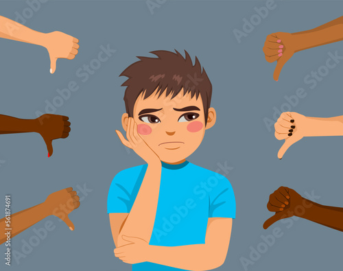 Vector illustration of unhappy young teenager boy receiving criticism concept. Young man feeling guilty after negative feedback surrounded by hands with thumbs down