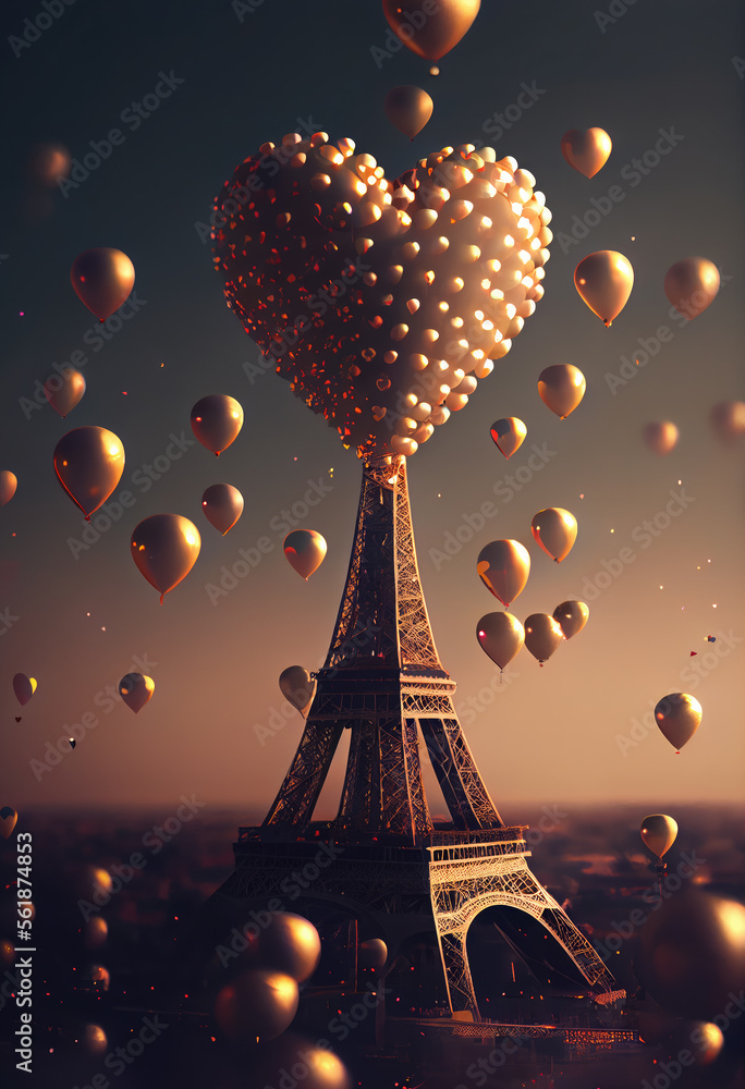 Saint Valentin, fête des amoureux. Paris, capitale de l’amour. France romantique. Tour Eiffel avec coeurs en ballons. Carte de voeux, cadeau pour couples. Generative AI.
