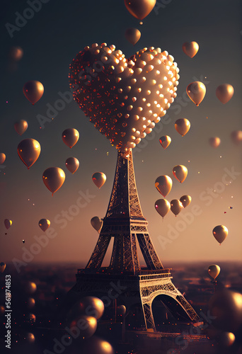Obraz na płótnie Saint Valentin, fête des amoureux. Paris, capitale de l’amour. France romantique. Tour Eiffel avec coeurs en ballons. Carte de voeux, cadeau pour couples. Generative AI. w salonie