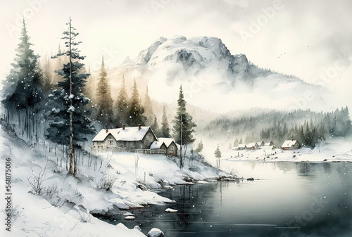 Watercolor winter landscape painting. Trees, lake and mountains. Ai generated