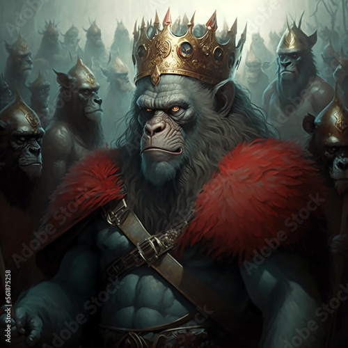 Army of animal(s) with modern weapons, army of apes, ape king leading his army. photo