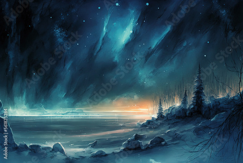 Watercolor winter landscape painting. Forest on a starry night. Ai generated