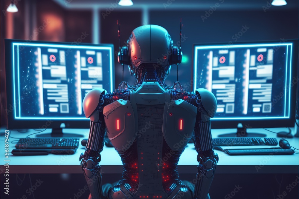 robot with computer made with generative ai robot with computer made with generative ai