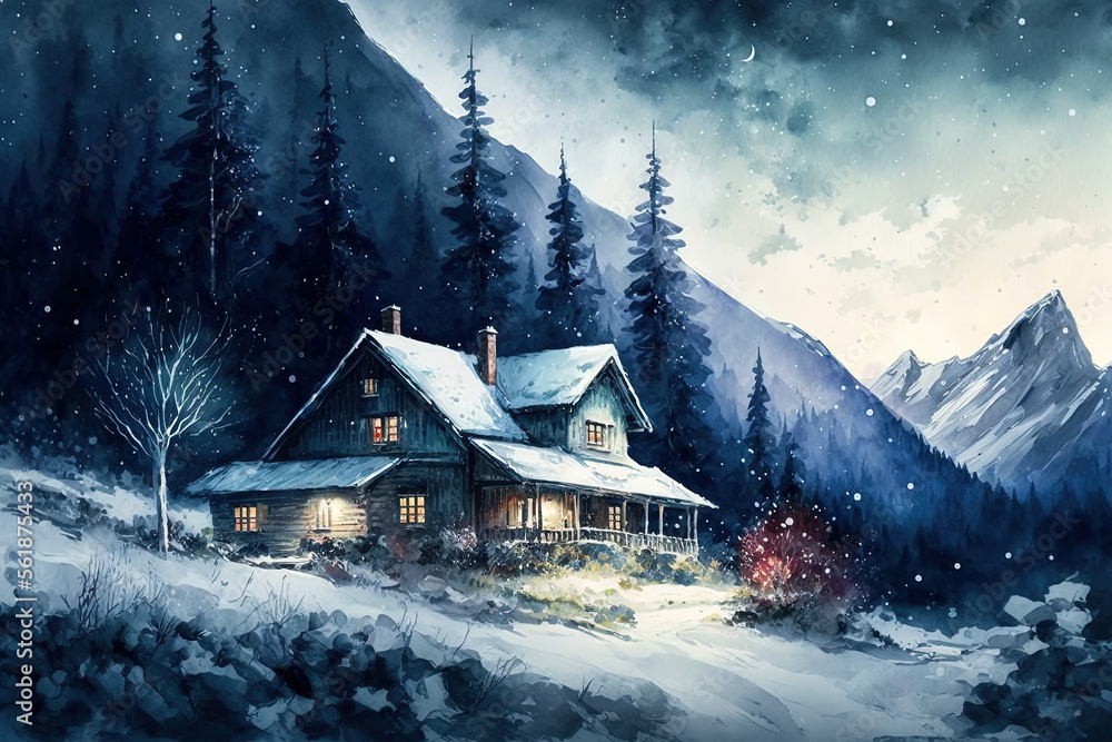Watercolor winter landscape painting. Forest, house and mountains on a starry night. Ai generated