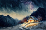 Watercolor winter landscape painting. Forest, house and mountains on a starry night. Ai generated