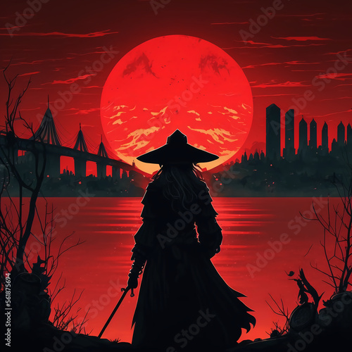 Samurai Witch watching and gaurding the city landscape with bats flying photo
