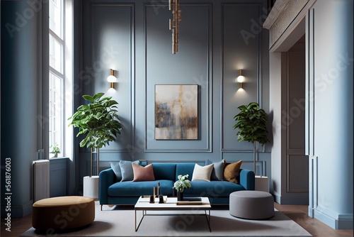 A modern living room, in a minimalist millenium crib, high ceiling and filled with warm blue and khaki colour as the wall blend in with the design of the furniture. 