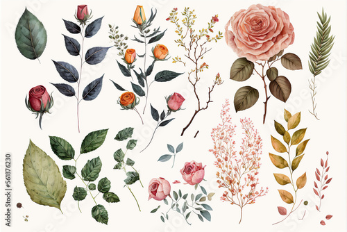 Set watercolor design elements of flowers flowers, leaves, branches, Botanic illustration isolated on white background, ai
