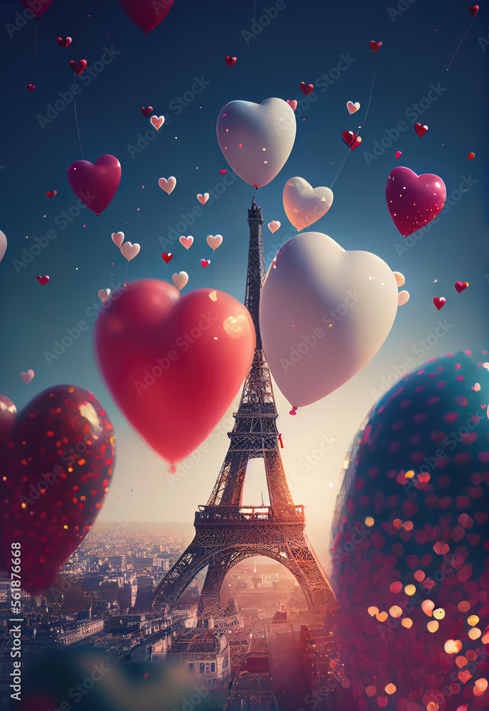 Naklejka premium Saint Valentin, fête des amoureux. Paris, capitale de l’amour. France romantique. Tour Eiffel avec coeurs en ballons. Carte de voeux, cadeau pour couples. Generative AI.