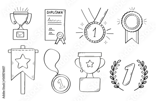First place doodle icon. Medals and diploma set vector. Champion cup in sketch style. Awards, trophy cups, stars. Winner prize, champion cup, ribbon in hand drawn style.