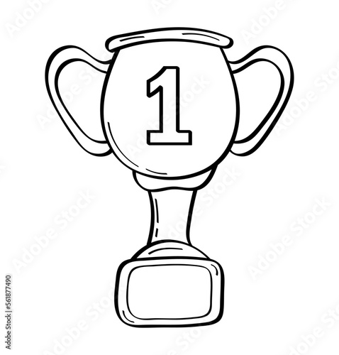First place doodle icon. Medals and diploma set vector. Champion cup in sketch style. Awards, trophy cups, stars. Winner prize, champion cup