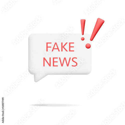 3d vector white chat pop up bubble with fake news text and red exclamation signs badge banner design