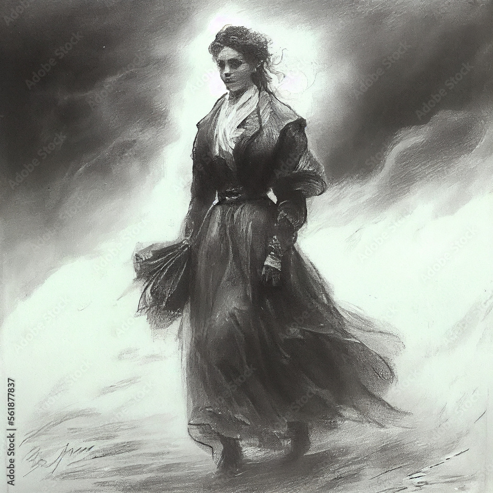 Western woman from 1880's standing, drawen stylizated image, generative ai