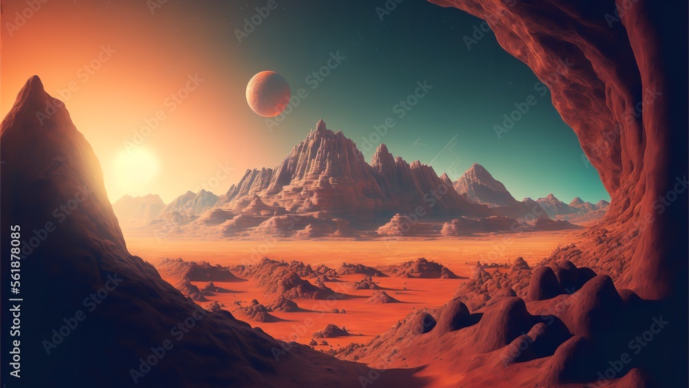Mars the red planet landscape with desert and mountains.