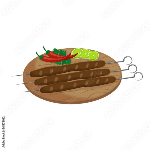 East Asian dish - kebab. Minced meat on skewer with lime greens. Vector illustration. Cartoon.