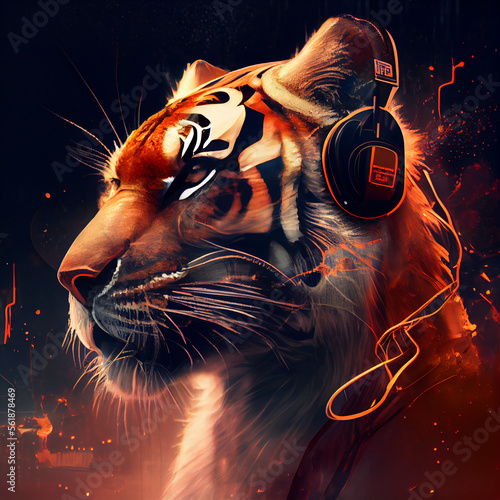 Tiger wearing headphones and jacker, generative ai photo