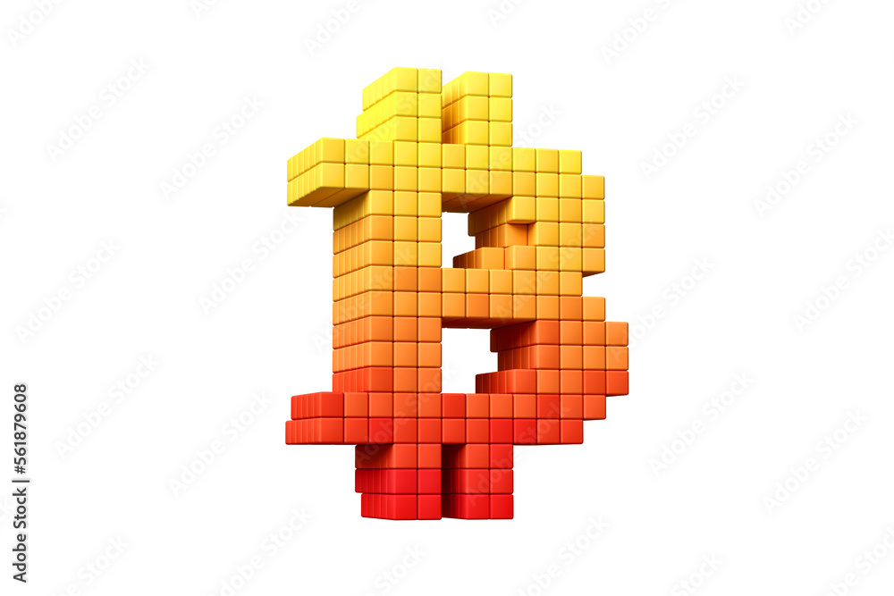 Obraz premium Pixel art style Bitcoin logo in yellow and orange. High definition 3D rendering modern retro design concept.