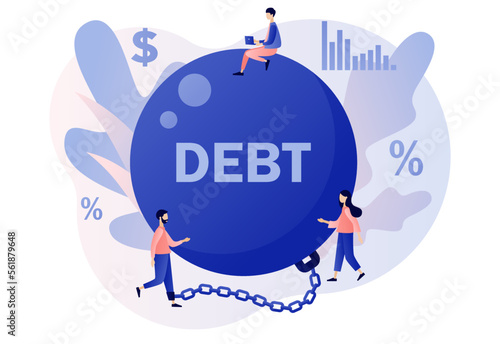 Money debts concept. Tiny man chained by huge weight debt metal ball have financial problems. Banking, bankruptcy, finance. Modern flat cartoon style. Vector illustration on white background

