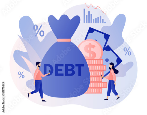 Money debts concept. Tiny people have financial problems. Banking, bankruptcy, finance. Modern flat cartoon style. Vector illustration on white background
